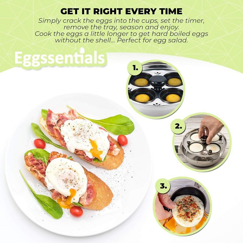 Eggssentials 4 Cup Nonstick Stainless Steel Egg Poacher Pan, Poached Egg Cooker with Spatula Included, Makes Poached Eggs Simple, Perfect for any Meal, 4 of 7