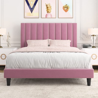 Allewie Bed Platform Frame/Velvet Upholstered Bed Frame with Vertical Channel Tufted Headboard/Strong Wooden Slats/Box Spring Optional