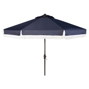 Milan Fringe 9 Crank Outdoor Auto Tilt Umbrella Navy White Safavieh Target