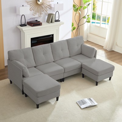 Mjkone Modular Convertible Sectional Sofa Couch, Upholstered Comfy Fabric 4-Seater Sofa with Movable Ottomans