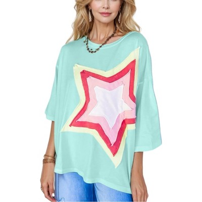 Amaryllis Women's Oversized Star Applique 3/4 Sleeve Top with Layered Contrast Design