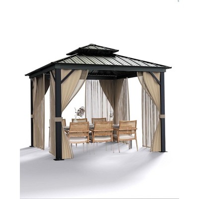 10x10 Ft Hardtop Gazebos with Heavy Duty Double Roof, Nettings and Curtains