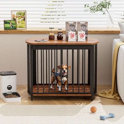 Medium Dog House Dog Crate Wooden Cage Indoor Kennel Furniture Dog Shelter End Table with Double-Doors, Brown/Gray+Black-ModernLuxe