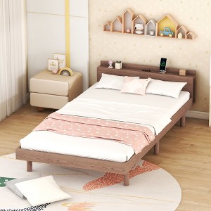 TiramisuBest Modern Design Twin Size Platform Bed Frame with Built-in USB Port for Walnut Color - 1 of 4