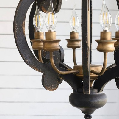 Antique Black 6-Light Wrought Iron Chandelier with Glass Shades