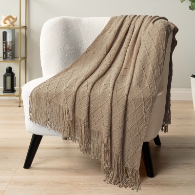 Tan Taupe Knit Fleece Reversible Throw Blanket with Fringe