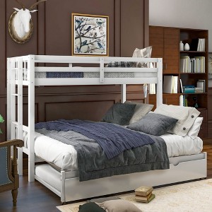 Okak Twin over Twin Solid Wood Pull-out Bunk Bed with Trundle Loft Bunk Bed with Ladder & Safety Guardrail for Student Dorms Guest Rooms, White - 1 of 4