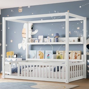 Twin/Full Montessori Floor Bed Canopy Bed Frame with Built-in Shelves & Safety Guardrails - ModernLuxe - 1 of 4