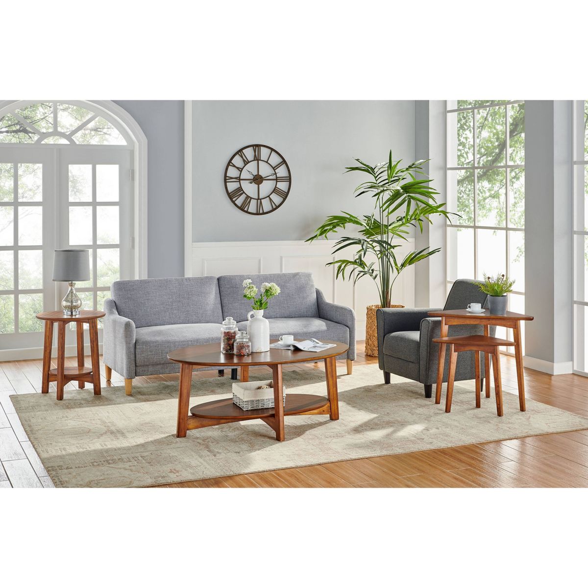Monterey Oval Mid Century Modern Wood Coffee Table Chestnut: Tapered Legs, Floating Shelf - Alaterre Furniture - thumbnail 10