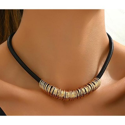 Paaaawaters Black Leather & 14K Gold-Plated/14K White Gold Plated Metal Ring Necklace