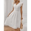 Women's White V-Neck Eyelet Dress, Ruffle Sleeve A-Line Midi Dress with Waist Tie - 3 of 4