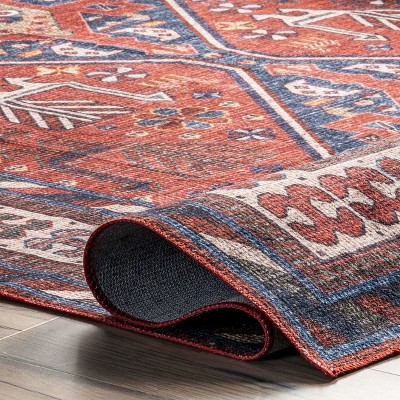 Stella Red and Blue Washable Synthetic Tribal Area Rug