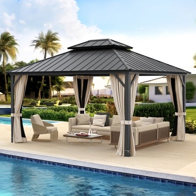 Arceso Hardtop Gazebos, Aluminum Frame Permanent Pavilion with Curtains and Netting, Double Galvanized Steel Roof Gazebo Outdoor, Metal Gazebo Canopy