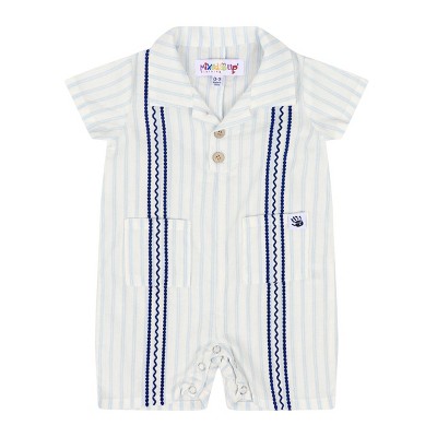 Image of Mixed Up Clothing Bordado Baby Romper - Blue/White Stripe - 3-6 Months