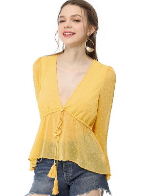 Allegra K Women's Deep V Neck Chiffon Swiss Dots Ruffle Hem Long Sleeve Peplum Shirt