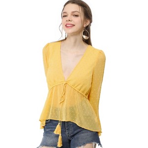 Allegra K Women's Deep V Neck Chiffon Swiss Dots Ruffle Hem Long Sleeve Peplum Shirt - 1 of 4