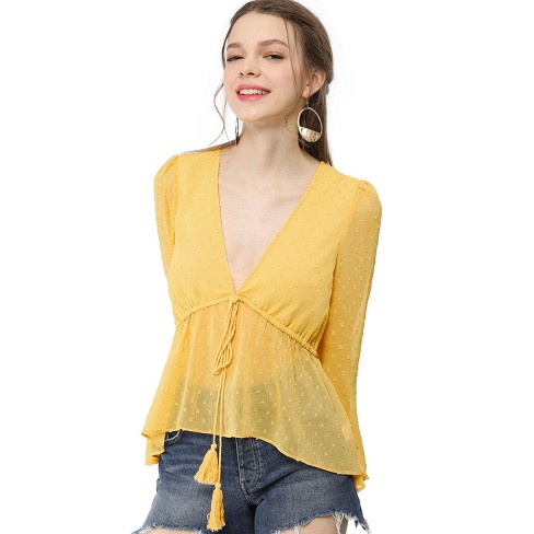 Allegra K Women's Deep V Neck Chiffon Swiss Dots Ruffle Hem Long Sleeve  Peplum Shirt Yellow M : Target