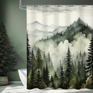 Aoibox Dark Green Misty Pine Forest Shower Curtain, Mountain Foggy Woodland Scenery Tree Bathroom Decor, Abstract Modern Waterproof Nature-Themed - 1 of 4