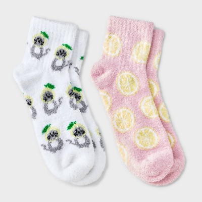 Women's Cats & Lemons 2pk Cozy Quarter Crew Socks - White/Pink 4-10: Midweight Velour Ribbed Fabric