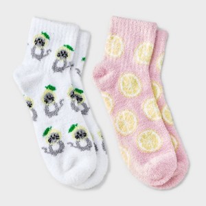 Women's Cats & Lemons 2pk Cozy Quarter Crew Socks - White/Pink 4-10: Midweight Velour Ribbed Fabric - 1 of 3