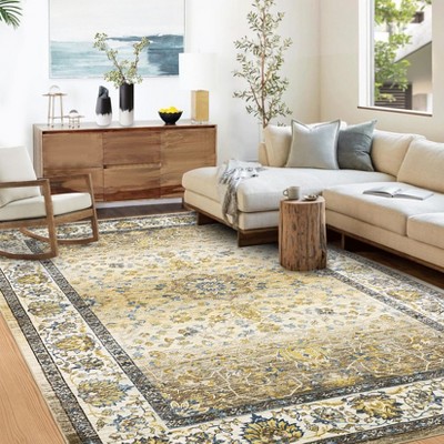 Vintage Floral Area Rug for Living Room Non Slip Non Shedding Washable Floor Cover Ultra Thin Distressed Indoor Foldable Carpet