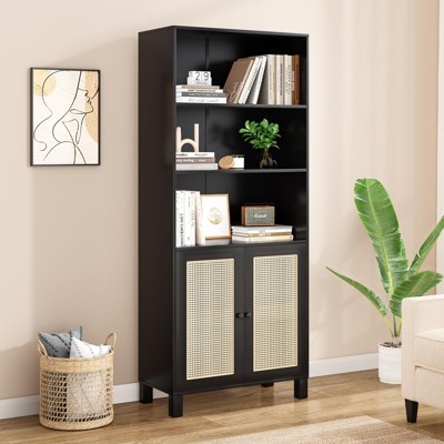 FURNIinspire Decorative Bookshelf 5 Shelf Bookcase With Rattan Doors, Standing Storage Cabinet, Adjustable Storage Shelves, Black, 14.6"*29.9"*70.9"