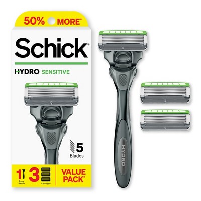 Schick Hydro Sensitive Razor – 5 Blade Razor for Men with Sensitive Skin - Trial Size – 1 Razor Handle with 3 Razor Refills