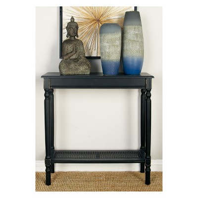 Black Wood Console Table with Glass Shelf and Storage