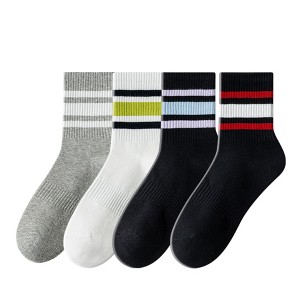 Anna-Kaci Crew Socks 4-Pack White Base Colorful Ribbed Cuff Striped Design Stretch Comfort Breathable Fit - 1 of 4