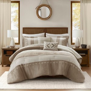 AENKYO King Comforter Set, Taupe Geometric Embroidery 5-Piece Bedding with Pleated Striped Design & Matching Pillows - 1 of 4