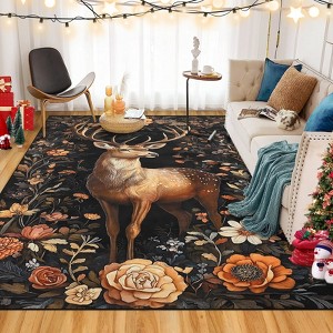 Area Rugs: Washable Non-Slip Vintage Sika Deer Floral Carpet, Soft Low Pile Foldable Stain Resistant for Living Room, Bedroom, Home - 1 of 4