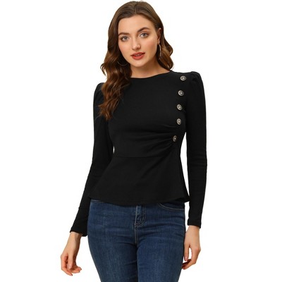 INSPIRE CHIC Women's Round Neck Button Decor Long Sleeve Peplum Shirts