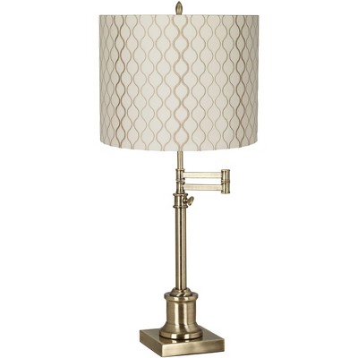 360 Lighting Swing Arm Desk Table Lamp Antique Brass Off White Embroidered Hourglass Fabric Drum Shade for Living Room Bedroom