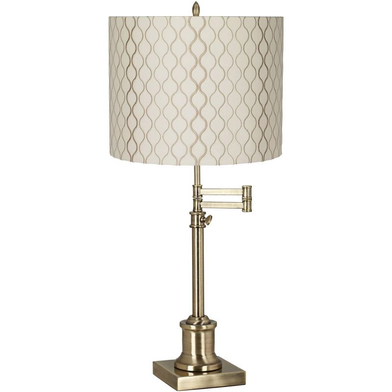 360 Lighting Swing Arm Desk Table Lamp 36" Tall Antique Brass Off White Embroidered Hourglass Fabric Drum Shade for Living Room Bedroom, 1 of 4