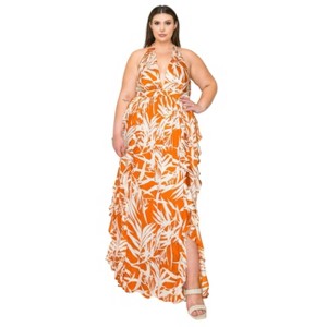 Slickblue Plus Size Crinkle Satin Halter Maxi Dress, Ruffled Detail, Smocked Waist, Slit Front, Cognac, 1XL-3XL - 1 of 4