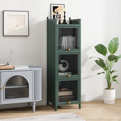 HDZNVF Modern Three-tier Glass Door Cabinet with Featuring Four-tier Storage Dark green