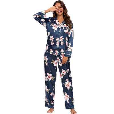 cheibear Women's Satin Silky Button Down Long Sleeve Sleepshirt with Pants 2 Pcs Pajama Set