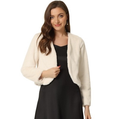 INSPIRE CHIC Women's Long Sleeve Open Front Cropped Winter Faux Fur Jacket