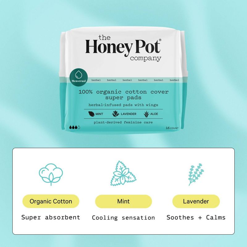 The Honey Pot Company, Herbal Super Pads with Wings, Organic Cotton Cover - 16ct, 5 of 16