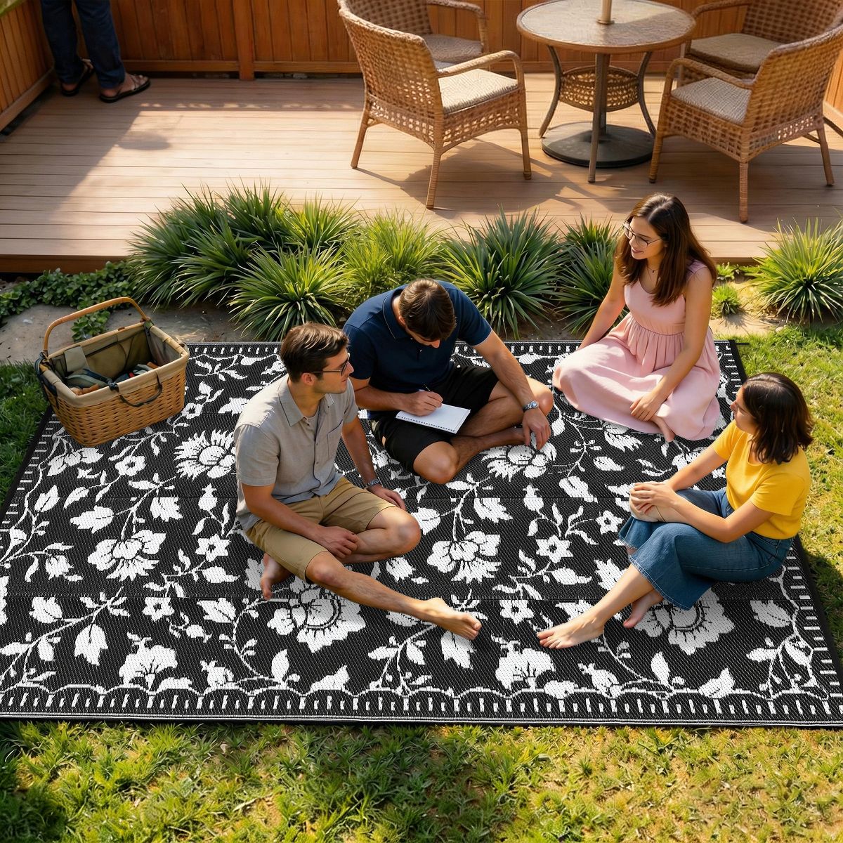 Garvee Floral Outdoor Rug, Waterproof Reversible Plastic Straw Rug, Foldable Outdoor Area Rug for Patio, Picnic, Beach, Balcony - thumbnail 3