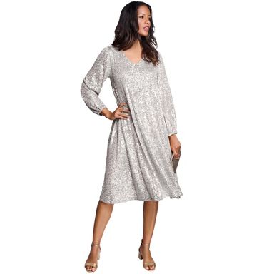 slim fit dress slacks Silver Glitter Dress with Beaded Sleeves - Embellished Gown with Round Neckline main image 1
