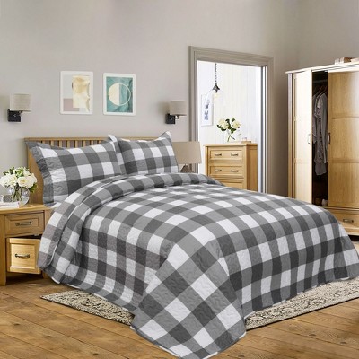 3 Pcs Plaid Quilt Bedspread Set Coverlet Bed Sets with 2 Pillow Shams - PiccoCasa