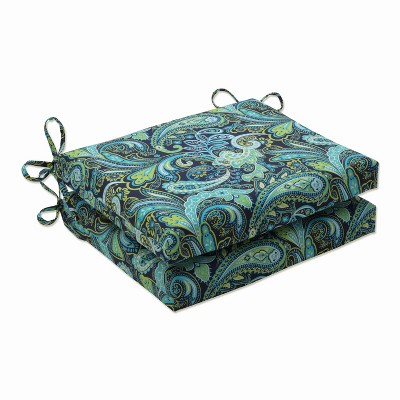 2pk Outdoor Square Edge Seat Cushion Set - Navy/Turqouise/Paisley - Pillow Perfect: Weather-Resistant with Ties, Zippered