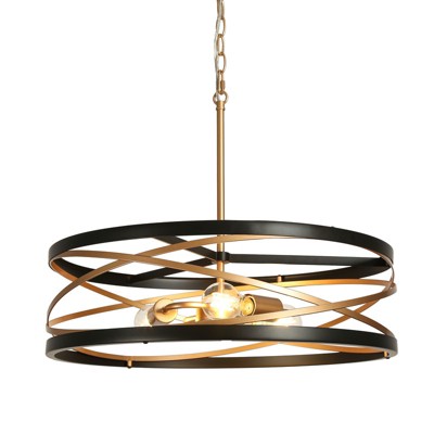 LNC Cartlann 3-Light 22" Modern Drum Medium Chandelier, Matte Black and Gold
