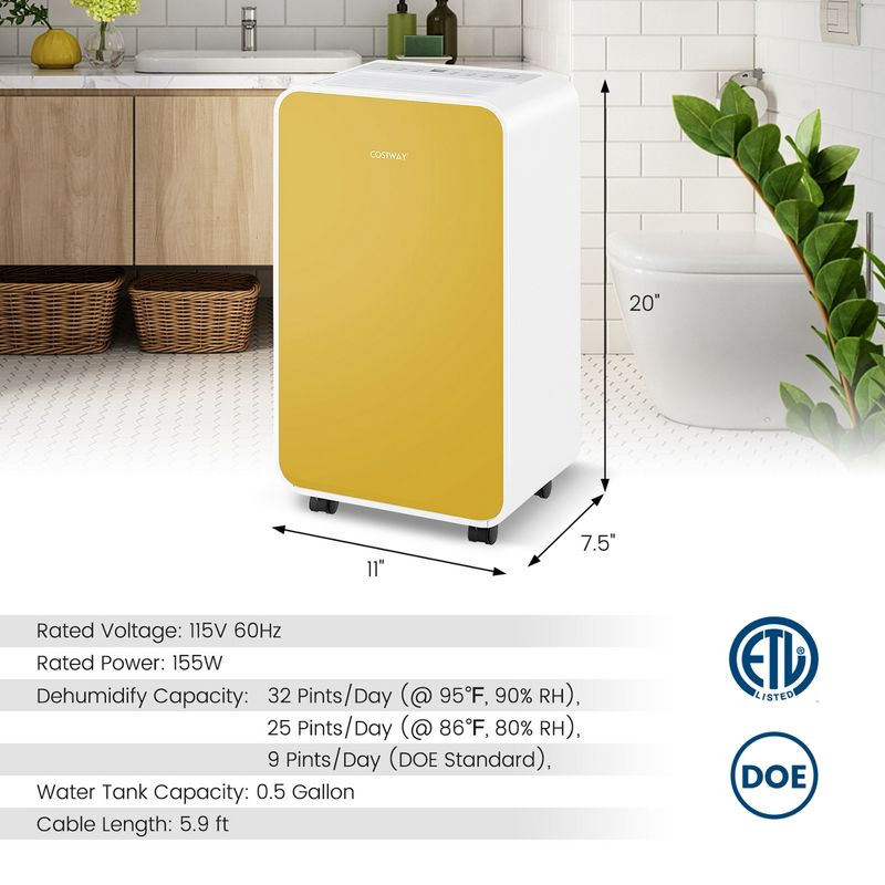 Costway Dehumidifier for Home Basement 32 Pints/Day 3 Modes Portable up to 2500 Sq. Ft Blue/Pink/Yellow, 3 of 11