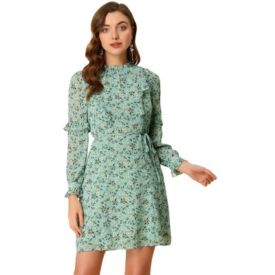 Allegra K Women's Floral Mock Neck Tie Waist Ruffle Shift Chiffon Dress