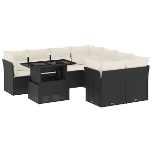 vidaXL 9 Piece Patio Sofa Set with Cushions Poly Rattan - Black and Cream without storage - 1 of 4