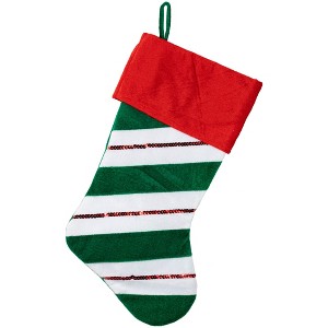 Northlight 18" Red and Green Velvet Sequin Stripe Christmas Stocking - 1 of 4