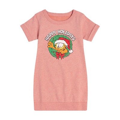 - Garfield - Happy Holidays Wreath Graphic Short Sleeve Fleece Dress