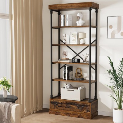81" Rustic 5-Tier Bookshelf - Metal Frame w/ Storage Drawer, Open Shelf Bookcase for Living Room, Office, Bedroom
